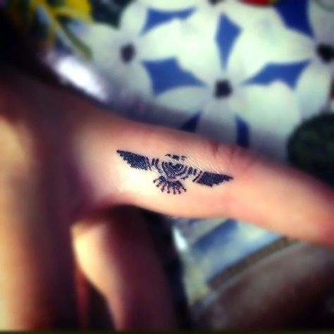 Small black thunderbird tattoo on the side of the finger. Small Eagle Tattoo, Small Bird Tattoos, Bird Tattoo Men, Little Bird Tattoos, Origami Tattoo, Small Bird Tattoo, Finger Tattoo Designs, Eagle Tattoos, Tatuaje A Color