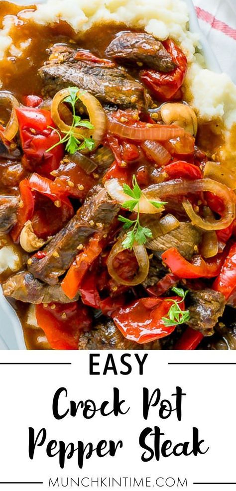 Slow Cooker Steak Recipes, Crock Pot Pepper Steak, Seasoned Steak, Crockpot Pepper Steak, Crock Pot Inspired Beef Recipes, Strip Steak Recipe, Crockpot Stuffed Peppers, Slow Cooker Steak, Crockpot Steak