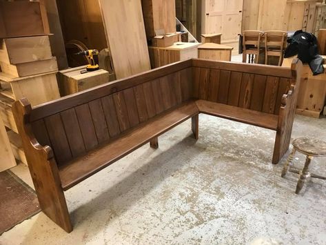 Pew Bench Dining Room, Pew Corner Bench, Pew Dining Bench, Farmhouse Table With Corner Bench, Dining Table With Church Pew Bench, Church Pew Dining Room, Rustic Corner Bench Dining Table, Pine Harvest Table, Church Pew Bench