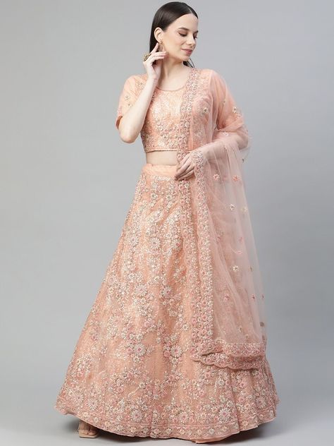 Lehenga In Peach Colour, Peach Colour Lehenga, Peach Lehenga, Net Blouse, Light Peach Color, Lehenga Fabric, Stitched Lehenga, Peach Colour, Lehenga Designs Simple