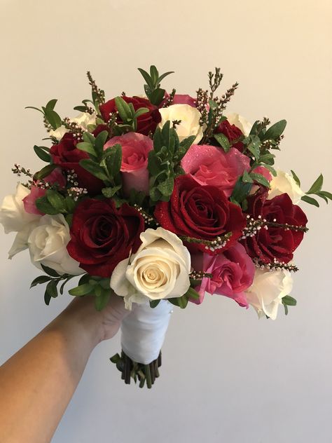 Pink Roses Bride Bouquet, Red Pink White Bridal Bouquet, Red White And Pink Rose Bouquet, Wedding Bouquets Red And Pink, Red White Bridal Bouquet, Red Flower Wedding Bouquet, Red White And Pink Bouquet, Red And Pink Flower Bouquet, Red Pink And White Roses Bouquet