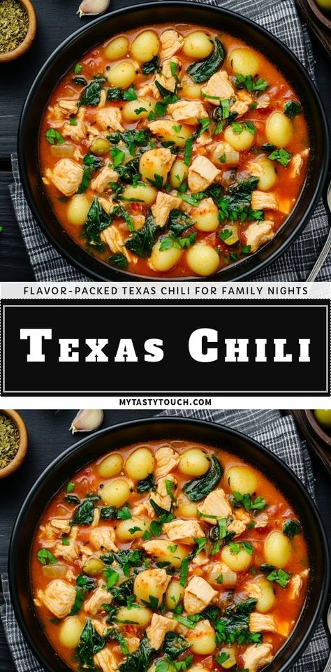 Dive into this hearty Texas Chili that's perfect for family nights! Packed with tender chicken, comforting potatoes, and vibrant greens, it's a warm hug in a bowl. The rich flavors will have everyone asking for seconds! Chili With Potatoes, Chili Recipe Texas, Authentic Texas Chili, Potato Chili Recipe, Southwest Chili, Texas Chili Recipe, Potato Chili, Texas Chili, Chili Cook Off