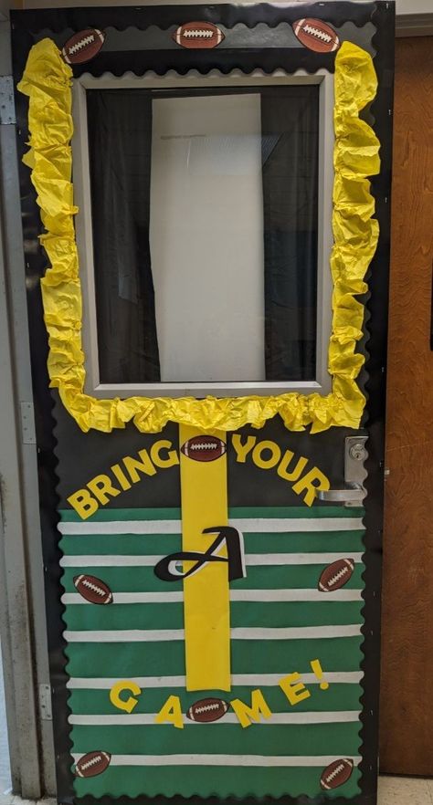 Sport Door Decorations Classroom, Football Themed Classroom, Football Door Decorations Classroom, Football Classroom Door, Baseball Classroom Door, Football Themed Classroom Door, Sports Themed Door Decorations, Male Teacher Classroom Decor Sport Theme, Sports Theme Classroom Bulletin Board