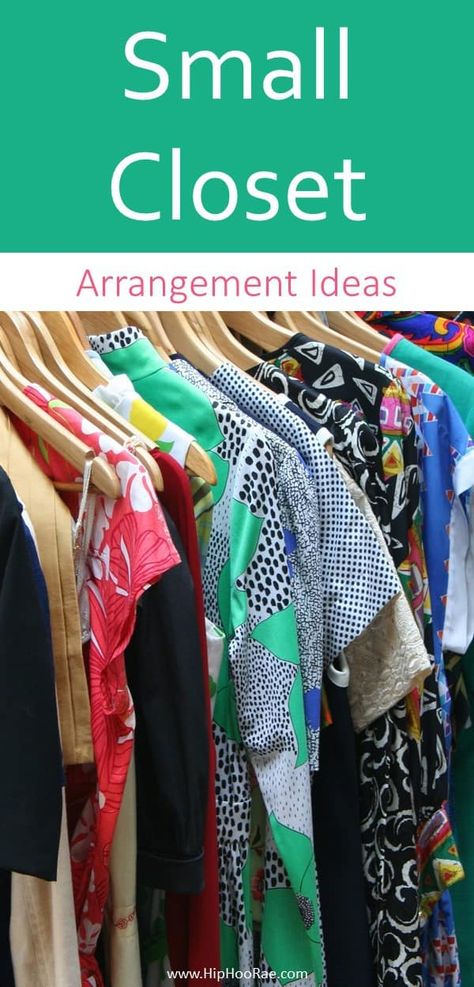 Small Closet Arrangement ideas from how to hang long dresses in a short closet to hanging sock organizer DIY plus wasted space above the closet what to do with it #closetorganization How To Make More Hanging Space In Closet, How To Hang Shirts To Save Space, Hang Dresses In Small Closet, Hang Long Dresses In Short Closet, How To Hang Clothes To Save Space, Hanging Dresses In Closet Small Spaces, What To Hang And What To Fold, Arranging Clothes In Closet Ideas, Hanging Long Dresses In Short Closet