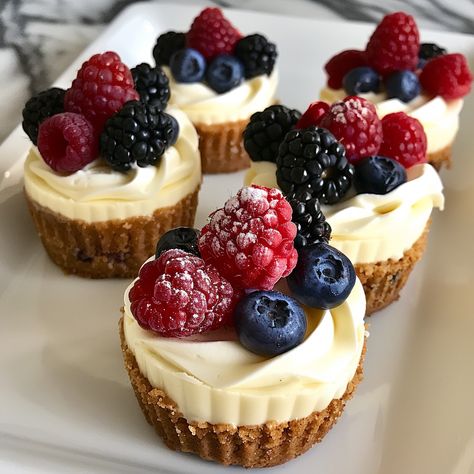 🍰🧁 Delight in these cute and tasty Mini Cheesecakes! #SweetTreats #CheesecakeLovers Mini Cheesecakes Ingredients: Graham cracker crumbs (1 cup) Butter (1/4 cup, melted) Cream cheese (16 oz, softened) Sugar (1/2 cup) Eggs (2) Vanilla extract (1 tsp) Fresh berries (for topping) Instructions: Preheat oven to 350°F (175°C). Mix graham cracker crumbs and melted butter, press into muffin cups. Beat cream cheese, sugar, eggs, and vanilla until smooth. Pour mixture over crusts. Bake for 20 minute... Cheesecake Decoration, Cheesecake Toppings, Cheesecake Lovers, Cheesecake Cups, Twisted Recipes, Wedding Dessert Table, Sugar Eggs, Trending Recipes, Mini Cheesecakes