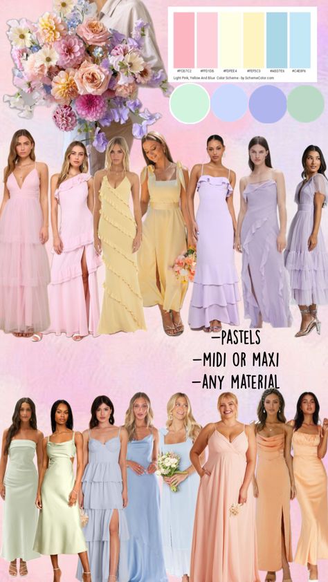 Spring Color Dresses For Wedding Guest, Soft Pastel Bridesmaid Dresses, Beach Wedding Guest Color Palette, Garden Party Bridesmaid Dress, Pink Yellow Weddings, Spring Wedding Guest Attire, Semi Formal Wedding Attire, Wedding Dress Code, Pastel Wedding Theme