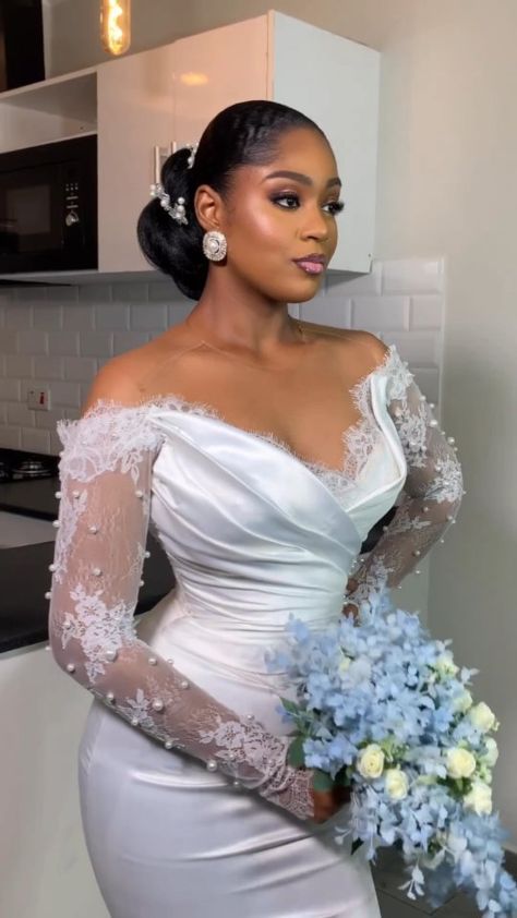 Africa's Top Wedding Website | Captivating charm on a platter 😍 Makeup: @teeboss__ Hairstylist: @hair_li_copta_ Gown: @dark.made Bridal robe : @sniphouse Bouquet… | Instagram Wedding Gowns With Short Sleeves, Civil Wedding Dress Courts Brides, After Party Dress For Bride, Court Wedding Outfit The Bride, Civil Wedding Dresses Courts, Bridal Hair Styles, Elegant Long Sleeve Wedding Dresses, Wedding Dress Illustrations, Short Wedding Gowns