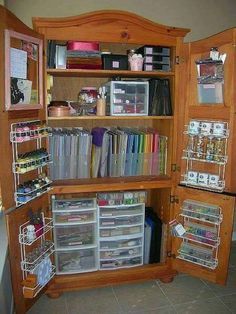 Turn an Armoire into Craft Storage! These are the BEST Home Organizing ideas! Old Closet Doors, Armoire Diy, Craft Storage Diy, Craft Closet Organization, Armoire Makeover, Storage Shed Organization, Tv Armoire, Small Craft Rooms, Craft Cabinet