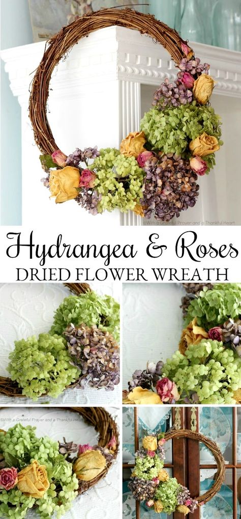 DIY Dried Hydrangea Wreaths | Grateful Prayer | Thankful Heart Wreaths With Dried Flowers, Christmas Wreath With Dried Hydrangeas, Making Dried Flower Wreath, Dried Floral Wreaths Diy, Dried Flower Wreath Diy Fall, Dried Zinnia Wreath, Dried Flower Grapevine Wreath, Wreath With Dried Flowers, Dried Floral Wreaths How To Make