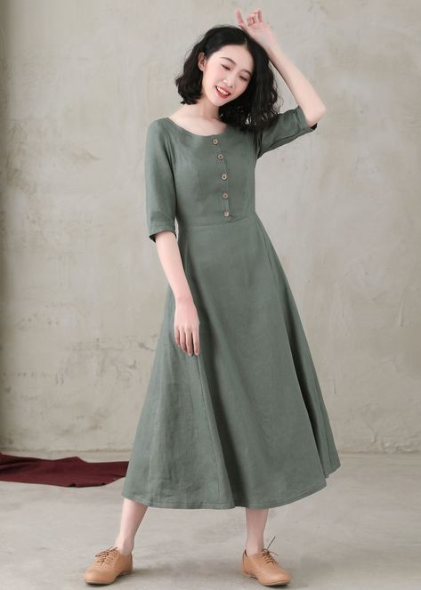 Winter Wool Dress, Solid Midi Dress, Linen Dress Women, Frock For Women, Light Green Color, Long Linen Dress, Linen Midi Dress, Dress Linen, Half Sleeve Dresses