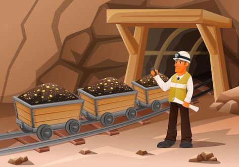 Mining miner cartoon composition with vi... | Free Vector #Freepik #freevector #coal-mine #miner #mining #mining-industry Mining Drawing, Mining Poster, Mining Illustration, Mine Illustration, Mine Drawing, Cartoon Composition, Gold Mining Equipment, Teacher Picture, Cozy Cartoon