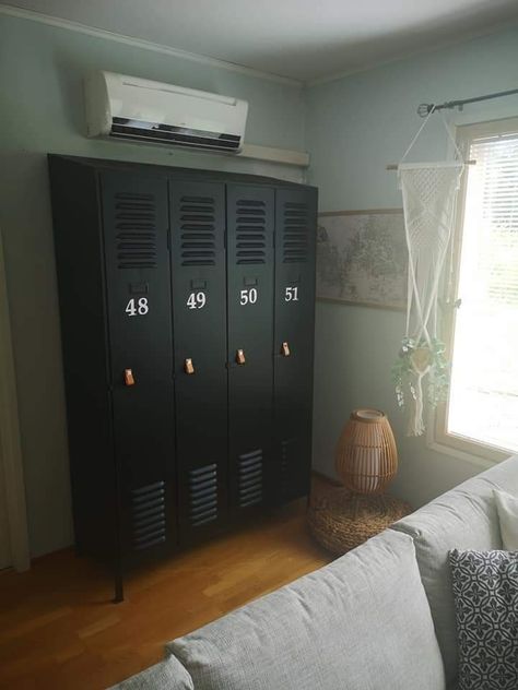 Locker Style Storage, Locker Upcycle, Lockers Ideas For Home, Locker Room Bathroom, Skateboard Room, Locker Closet, Sports Room Boys, Boys Desk, Vintage Lockers