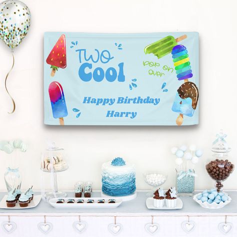 Popsicle Party Two Cool Boys 2nd Birthday Party Banner Two Cool Popsicle Birthday Party, Popsicle Birthday Party, Colorful Popsicles, Boys 2nd Birthday, Rainbow Color Palette, Popsicle Party, Fun Typography, Two Cool, Cool Boys