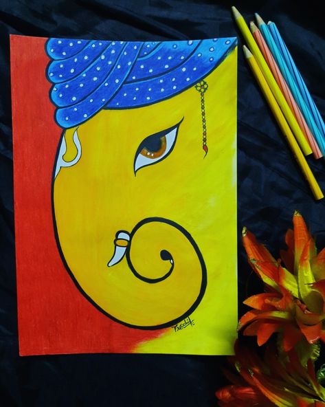 Deva Primary Colour Painting, Primary Colors Drawing Art, Primary Colour Drawing, Ganesh Painting Easy, Pencil Colour Sketches Easy, Primary Colours Art Ideas, Primary Colors Drawing, Ganeshji Drawing, Alekhan Design