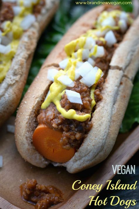 Vegan Coney Island Hot Dogs - Brand New Vegan Vegan Hot Dog Chili, Coney Dogs, Coney Island Hot Dog, Coney Sauce, Fairytale Food, Vegan Hot Dog, Carrot Dogs, Coney Dog, Vegan Meat