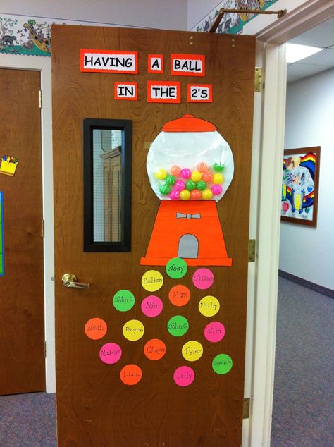 Gumball door Classroom Decor Primary, Classroom Door Displays, Teacher Appreciation Doors, Kindergarten Bulletin Boards, Classroom Decor Middle, Middle School Classroom Decor, Candyland Theme, School Library Displays, Classroom Decor High School