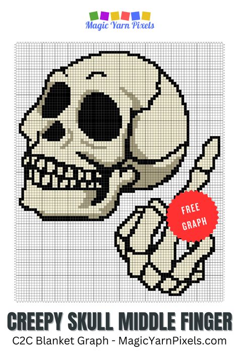 Have a look at my newest C2C crochet pattern for a Creepy Skull Middle Finger blanket. Great for fans of edgy crochet designs. Download the free crochet graph from Magic Yarn Pixels. Written C2C and row-by-row patterns with multi-page graphs also available. Mini C2c Crochet Pattern Free, Free Crochet Grid Patterns, Pixel Grid Crochet Patterns, Pixel Art For Crochet, Crochet Skull Patterns Free, Finger Blanket, Graphgan Patterns Free, Crochet Graph Patterns Free Charts, Crochet Grid Patterns Free