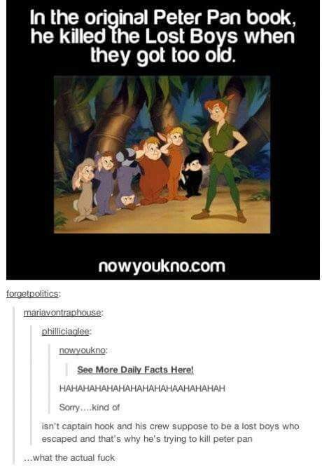 Never really liked Peter Pan but wow Original Disney Stories, Creepy Disney, Peter Pan Book, Childhood Ruined, Right In The Childhood, Disney Secrets, Disney Theory, Scary Stuff, Funny Disney Memes