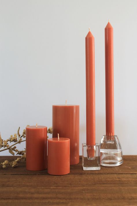 Orange Candle Holder, Coral Candles, Coloured Pillar Candles, Gold Taper Candles, Glass Taper Candle Holders, Candle Holders Glass, Colored Candles, Large Pillar Candles, Baked Clay