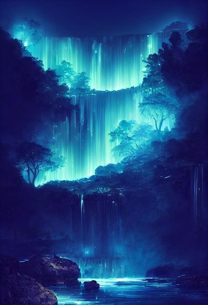 Fantasy of neon waterfall in deep forest... | Premium Photo #Freepik #photo #enchanted #fantastic #fantasy #water-fall Magical Forest Waterfall, Fantasy Bioluminescent Forest, Fantasy Glowing Forest, Fantasy Waterfall Art, Water Fantasy World, Bioluminescence Forest, Fantasy Places Art, Fantasy Setting Inspiration, Waterfall Fantasy Art