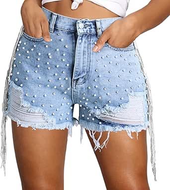 Kedera Women Denim Shorts Rhinestone Pearl Beaded Side Fringe Tassel Ripped Jean Short Outfit Coachella, Rhinestone Shorts, Bling Denim, Coachella Party, Design Sustainability, Upcycle Clothing, Women Denim Shorts, Summer Concerts, Side Fringe