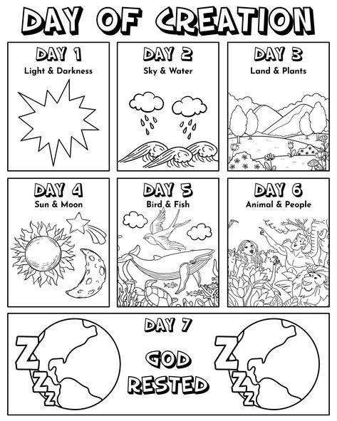 Gods Creation Preschool Activities, Genesis For Kids Bible Lessons, Second Day Of Creation Craft, 7 Days Creation Of God Drawing, Days Of Creation Preschool, Seven Days Creation Of God, God Made The World Coloring Page, Gods Creation Coloring Page, Genesis 1:1 Coloring Page