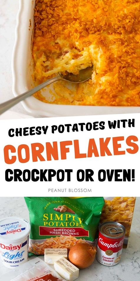 Cornflake Potato Casserole, Cornflake Potatoes, Simply Potatoes Recipes, Cheesy Potatoes With Hashbrowns, Potatoes Oven, Cheesy Potatoes Crock Pot, Green Bean Casserole Crock Pot, Sour Cream Potatoes, Simply Potatoes