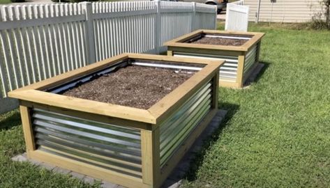 Diy Corrugated Metal Raised Garden Bed, Metal Raised Garden Beds Diy, Raised Garden Bed Blueprints, Corrugated Metal Garden Bed, Waist High Raised Garden Beds Diy, 4x8 Garden Bed Plan, Garden Bed Against Fence, Inexpensive Raised Garden Beds Diy, Raised Garden Bed Fence