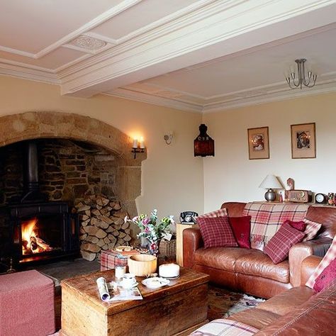 Living Room With Leather Sofa, Country Living Kitchen, Country Living Uk, Inglenook Fireplace, Calming Spaces, Country House Interior, Cosy Living, Cottage Living Rooms, Cosy Living Room