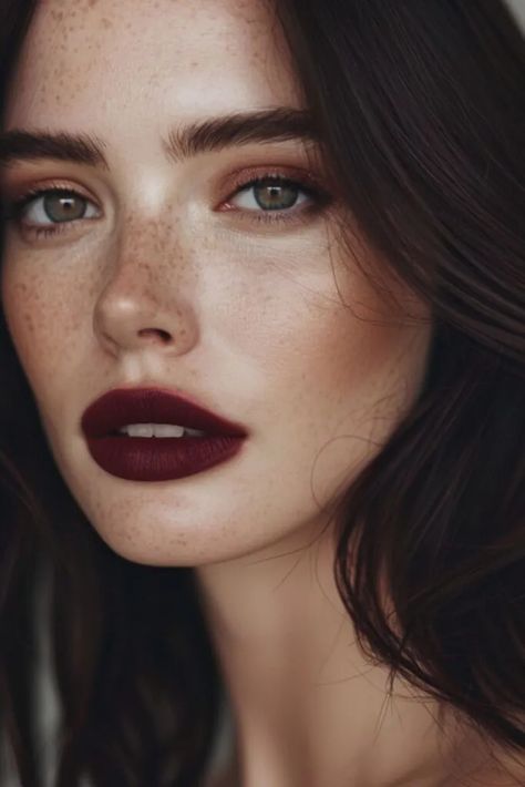 Lip Color For Emerald Green Dress, Darker Makeup Ideas, Lipstick For Hazel Eyes, Greenish Blue Eyes Makeup, Simple Vampy Makeup, Soft Dark Eye Makeup, Red Lips Green Eyes, Dark Glam Wedding Makeup, Red Lip Makeup Look Green Eyes