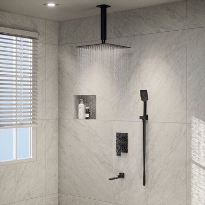 This 10-inch shower's rainfall shower head can spray out the water the way the sky lets out rain drops. You will feel every drop of water trickle on you calmly making you more relaxed when you take a shower. What's more, the standard US NPT1/2 connector is compatible with most existing shower systems' pipes so you don’t have to worry too much about the issues of installation. Finish: Matte Black | CASAINC Bathroom Tub & Shower Faucet w / Rough-in Valve in Black | 10 W in | Wayfair WF-W98C03H-10 Black Faucets, Bathroom Tub Shower, Bathroom Shower Faucets, Drop Of Water, Bathroom Tub, Tub And Shower, Bathroom Remodel Shower, Rainfall Shower Head, Tub Shower