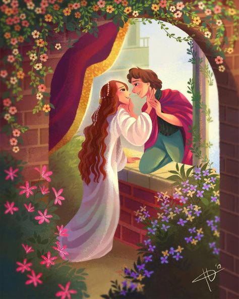 Hana Augustine on Instagram: “The Balcony scene from Romeo and Juliet.. I was heavily inspired by sir Frank Bernard Dicksee for this scene.. I admire his painting so…” Romeo Und Julia, Juliet Balcony, Tragic Love Stories, How To Make Animations, The Balcony, Picture Search, Couple Art, Romeo And Juliet, Freelance Illustrator