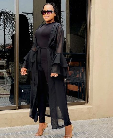 Long Sheer Cardigan Outfits, Sheer Cardigan Outfit Kimono Style, Sheer Cardigan Outfit, Organza Outfits, African Skirt Outfit, Organza Styles, Black Dress Elegant, Dress Jackets, Sheer Cardigan