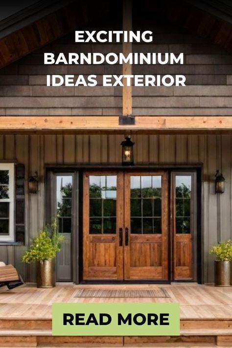 Explore breathtaking barndominium ideas for both interiors and exteriors! Discover creative ways to design and decorate your barndominium to make it truly unique. Get inspired by the stunning combination of modern living with rustic charm. Whether you're looking for sleek industrial touches or cozy farmhouse vibes, these barndominium ideas will surely captivate your imagination. Step into a world where creativity knows no bounds and let your personality shine through in every corner of your barn Metal Barndominium Exterior, Barndominium Front Door, Blue Barndominium Exterior, Industrial Farmhouse Exterior, Barndominium Exterior, Front Porch Lighting, Exterior Facade, Farmhouse Vibes, Ranch Remodel