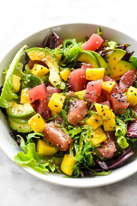 Ahi Tuna Poke and Mango Salad | foodiecrush.com Poke Salad Recipe, Tuna Poke Salad, Poke Recipes, Mango Salad Recipe, Recipes Tuna, How To Make Tuna, Poke Salad, Ahi Tuna Poke, Hawaiian Poke