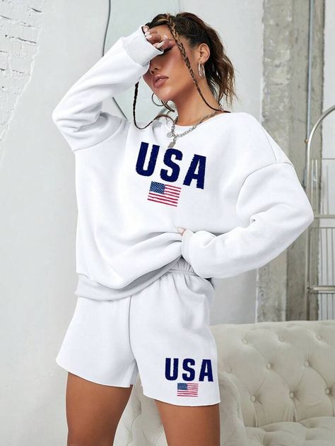 SHEIN EZwear American Flag & Letter Graphic Drop Shoulder Sweatshirt & Shorts Winter Sweater Dress, Sweatshirt Shorts, Winter Sweater Dresses, Drop Shoulder Sweatshirt, Chic Maxi Dresses, Women Sweatshirt, Dropped Shoulder Sweatshirt, Crochet Tunic, Blue And White Style