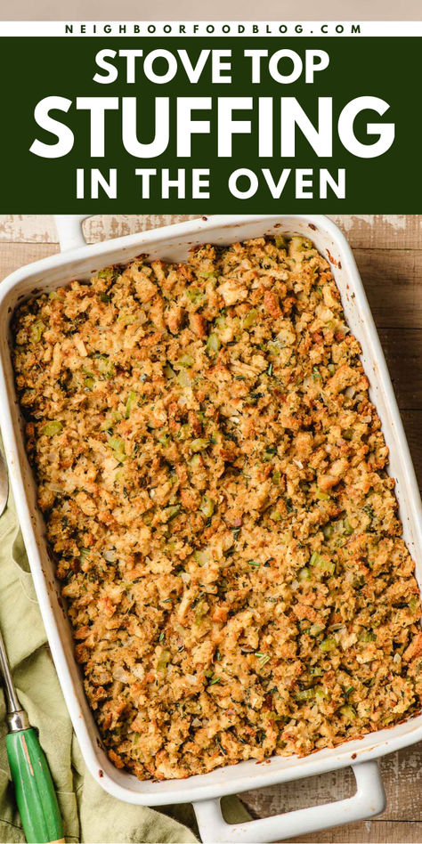 With just a few simple additions, you can transform store bought stuffing mix into a delicious and easy holiday side dish. Bake Stove Top Stuffing in the oven for a crisp, herby, and buttery stuffing recipe that requires less than 15 minutes of prep time! Stuffing In Oven Recipes, Stuffing Oven Baked, Joanna Gaines Stuffing Recipe, Stove Top Stuffing Recipes Doctored, Stovetop Sausage Stuffing, Stuffing Recipe With Stove Top, Baked Stuffing Stove Top, Sausage Stuffing Using Stove Top, Dressing Recipes With Stove Top Stuffing