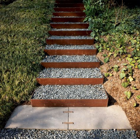 The stairs going up the knoll to the roof garden and to the house’s second-level entrance are made from Cor-Ten steel risers (which develop a rich, rusted patina) and filled with gravel in order to create a nonslip surface that drains well. Steel and steelwork by Virginia Industrial. Landscape Stairs, Landscape Steps, Garden Stairs, Exterior Stairs, Outdoor Steps, Garden Steps, Outdoor Stairs, Garden Edging, Corten Steel