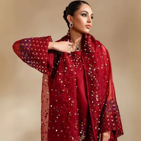 Featured Product of the Day: T489 Elevate your wardrobe with this Red Handmade Pure Organza Suit ❤️✨ Featuring a beautifully embroidered organza shirt and dupatta, both adorned with delicate hand embellishments, paired with luxurious raw silk trousers detailed with embroidered lace. . . . . . . . . #dubai #dress #readytowear #handmade #organza #red #readymade #pakistanisalwarsuits #pakistaniclothes #pakistanifashion #desigirl #indiandresses #indianfashion #southasian #fypage #featuredproduct... Experimental Dresses, Self Creation, Dubai Dress, Organza Suit, Hand Embellishment, Eastern Wear, Organza Shirt, Love Struck, Latest Dress Design