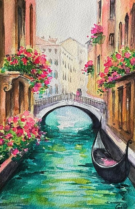 Street View Painting, Greece Inspired Painting, Italy Painting Watercolour, Spanish Paintings Easy, Architecture Painting Ideas, Watercolor Italy Landscapes, Large Watercolor Painting Ideas, Italy Painting Easy Acrylic, Creative Watercolor Paintings Ideas