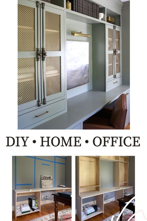 Full Wall Office Built Ins, Diy Wall Unit With Desk, Diy Built In Home Office, Built In Desk Nook Alcove, Diy Office Cabinets How To Build, Built In Office Desk And Cabinets Diy, Diy Double Desk Home Office, Diy Built In Office Cabinets, Home Office Built Ins With Standing Desk