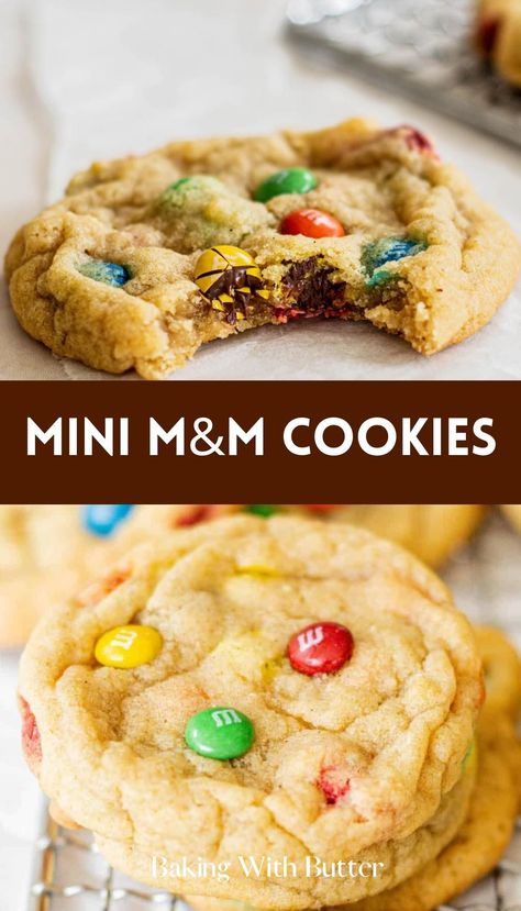 Delicious Mini M&M Cookies - packed with colorful candy pieces in every bite. Mnm Cookies, M M Cookie Bars, M M Cookies, M&m Recipe, School Snack, Pretty Cookies, Perfect Cookie, Cookie Scoop, Chewy Cookie