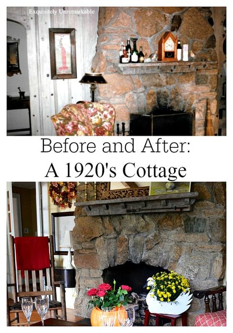 Before and After A 1920's Cottage Renovation Cottage Renovation Before And After, Living Room With Red Accents, Room With Red Accents, Cottage Style Living Room, Cottage Decor Diy, Knotty Pine Walls, Cottage Remodel, House Before And After, 1920s House