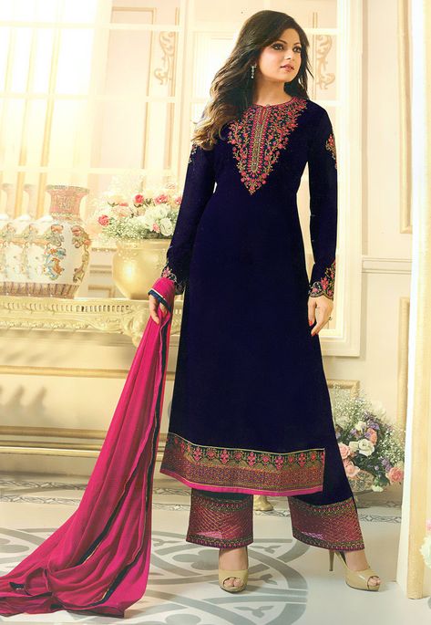 Buy Embroidered Georgette Pakistani Suit in Navy Blue online, Item code: KCH778, Color: Blue, Occasion: Festive, Work: Applique Work, Resham, Traditional, Zari, Fabric: Georgette, Gender: Women Blue Pakistani Dress, Pakistani Dresses Party, Georgette Palazzo, Pakistani Women, Pakistani Suit, Gaun Fashion, Desi Clothes, Kurti Designs Party Wear, Utsav Fashion