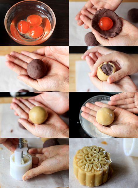 Chinese traditional mooncake step--asseme the moon cake Different Types Of Food, Chinese Moon Cake, Chinese Cake, Mooncake Recipe, Moon Cake Mold, Moon Cakes, Chinese Dessert, Asian Desserts, Mooncake