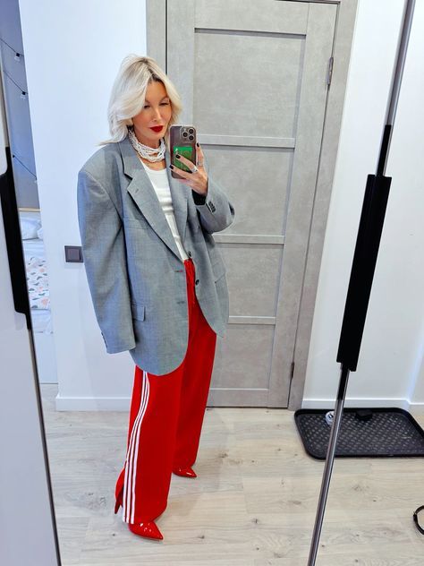 Red Trousers Outfit Casual Street Styles, Red Athleisure Outfit, How To Style Track Pants, Red Pants Outfit Street Style, Red Adidas Pants Outfit, Red Adidas Outfit, Work Athleisure, Red Trousers Outfit, Red Adidas Pants