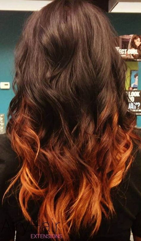 Fox Dyed Hair Brown, Brown Hair With Orange Tips, Fox Colour Hair, Fox Dyed Hair Ends, Dark Brown Hair With Orange, Brown Hair With Orange Undertones, Brown Hair Orange Tips, Ginger Hair With Black Tips, Fox Hair Color Ideas