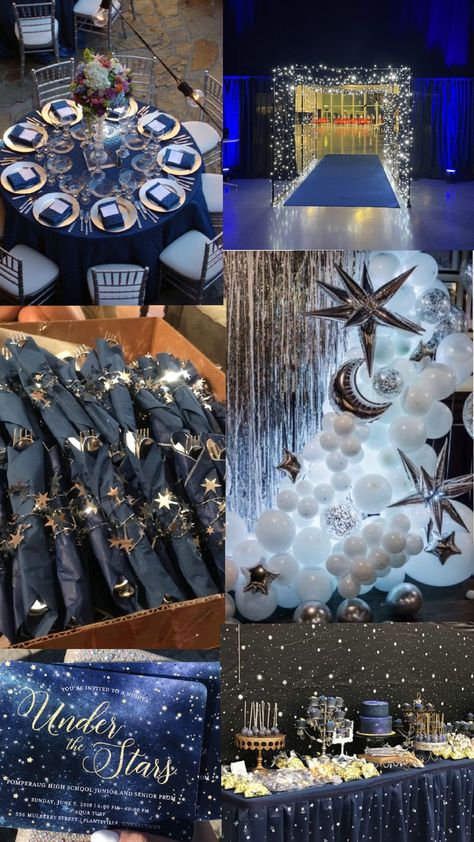 Night Under Stars Theme, Star Themed Gala, Starry Night Quinceanera Decoration, Star Theme Sweet 16, City Of Stars Hoco, Sun And Moon Quinceanera Theme, Night Court Dinner Party, Starry Night Banquet, Starry Night Quince Theme