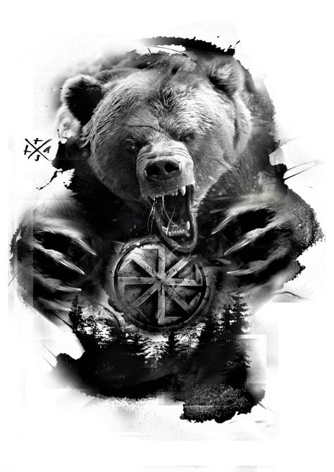 Tattoos Bear, Grizzly Bear Tattoos, Slavic Tattoo, Bear Tattoo Designs, Skull Girl Tattoo, Bear Artwork, Bear Tattoos, Warrior Tattoos, Bear Tattoo