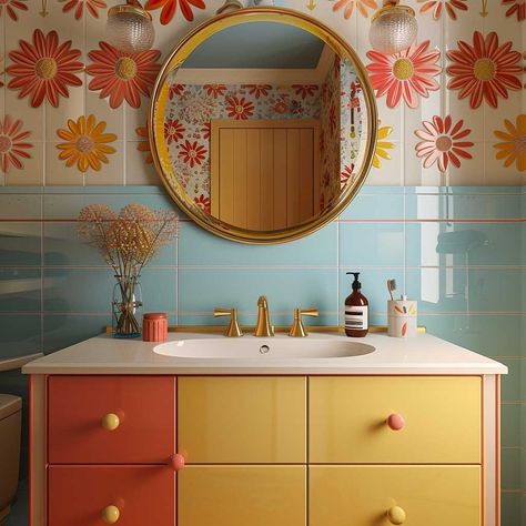 10+ Retro Bathroom Mirror Ideas to Inject Nostalgia into Your Decor • 333k+ Inspiring Lifestyle Ideas & Images Retro Teal Bathroom, 60s Style Bathroom, Retro Modern Bathroom Ideas, Dopamine Decor Bathroom, Bathroom Ideas Retro, Groovy Bathroom, Colourful Cottage, Retro Bathroom Ideas, 70s Bathroom